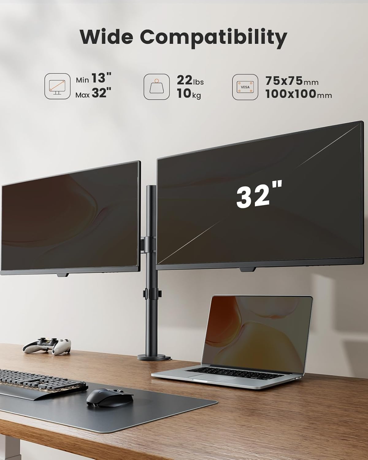 ErGear Dual Monitor Stand for 13 to 32 Inch Screens, Dual Monitor Arm Ergonomic Viewing Angle - Adjustable Tilt 90°/ Swivel 180°/ Rotate 360°/ VESA 75/100mm