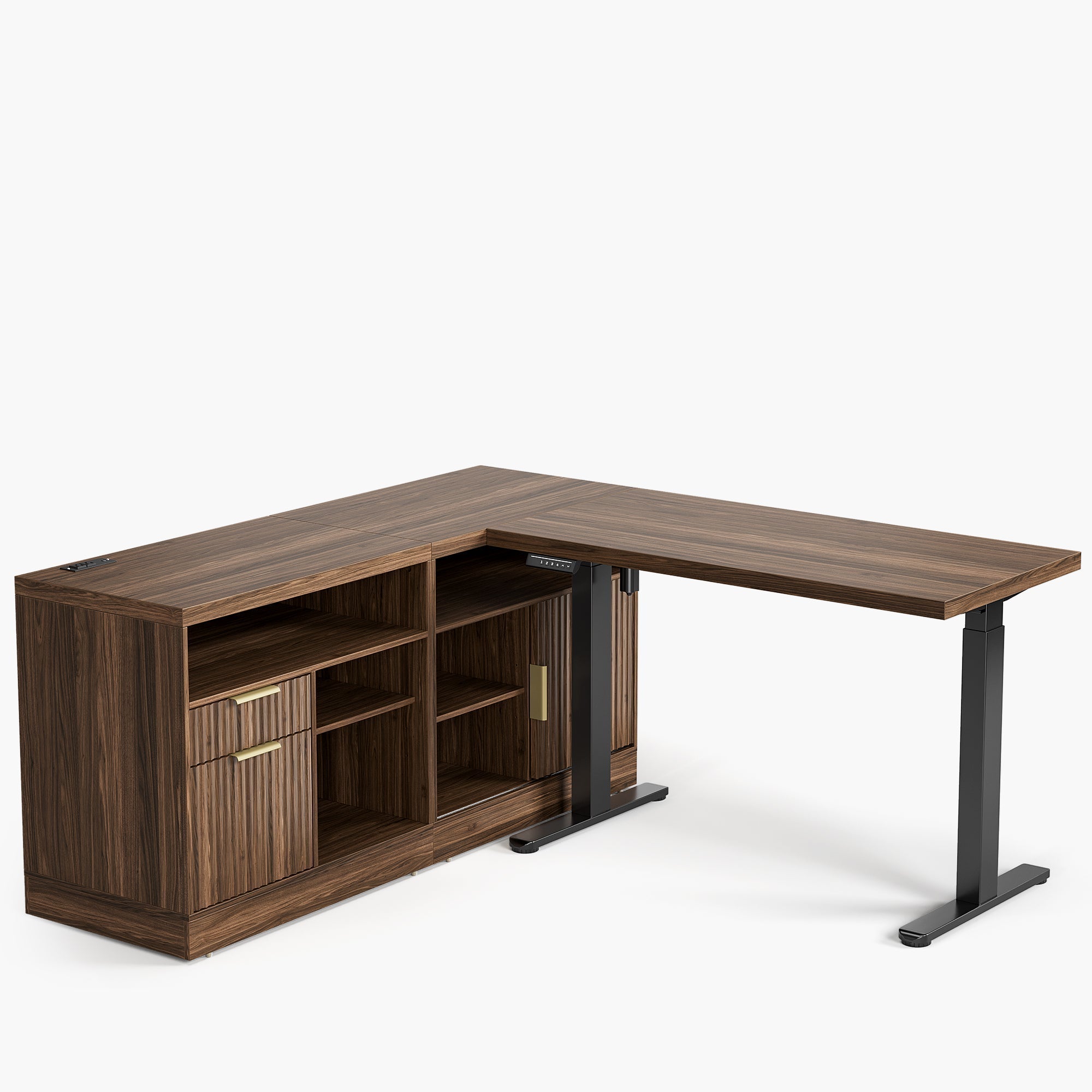 67" Desk · L - shaped + Mobile Office Cabinet / Fluted - Dark Walnut -
