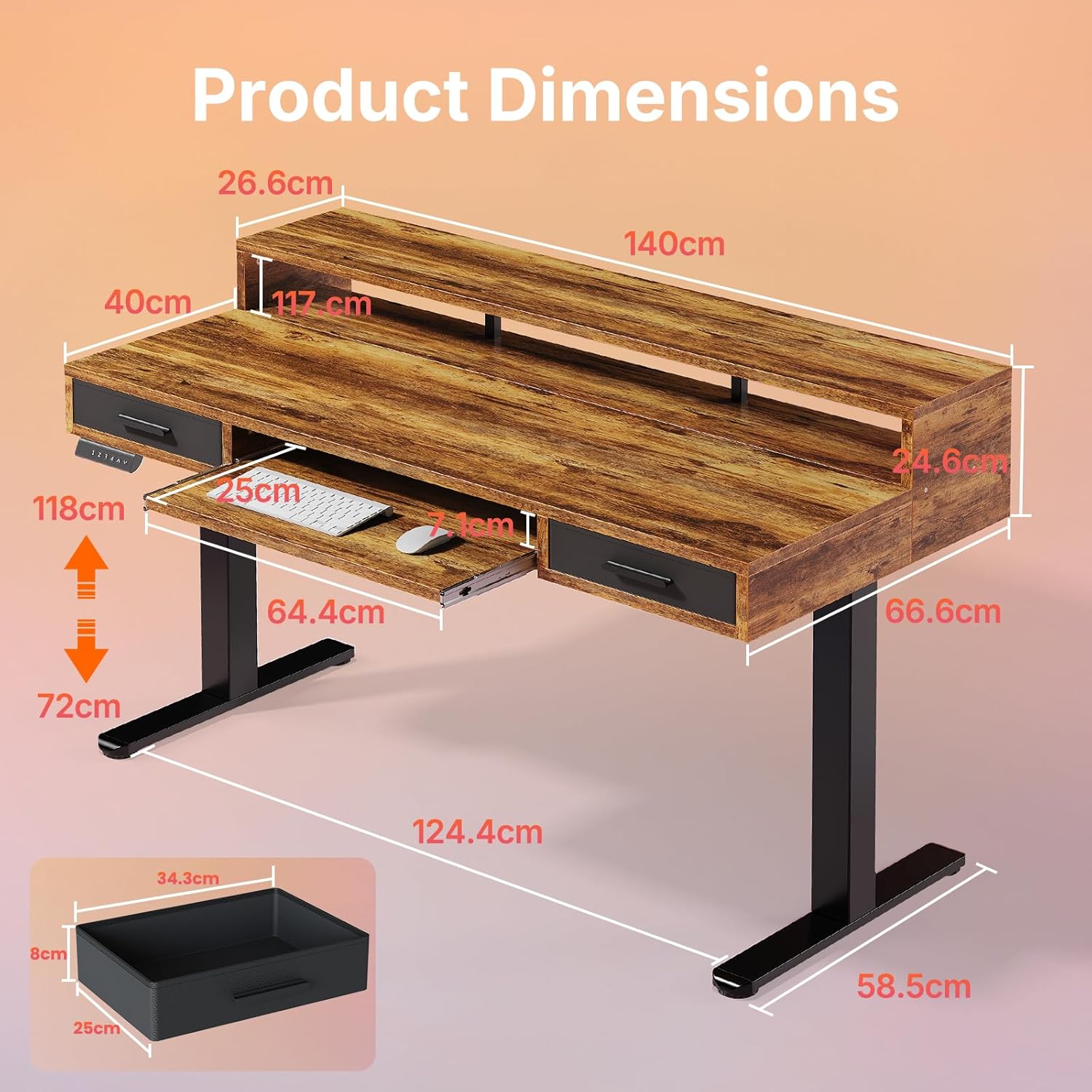 HUANUO 140 x 66cm Electric Standing Desk with 2 Drawers & 64cm Large Keyboard Tray, C-Clamp Mount Compatible, Adjustable Computer Desk for Office, Sit Stand Up Desk with 4 Height Presets, Vintage