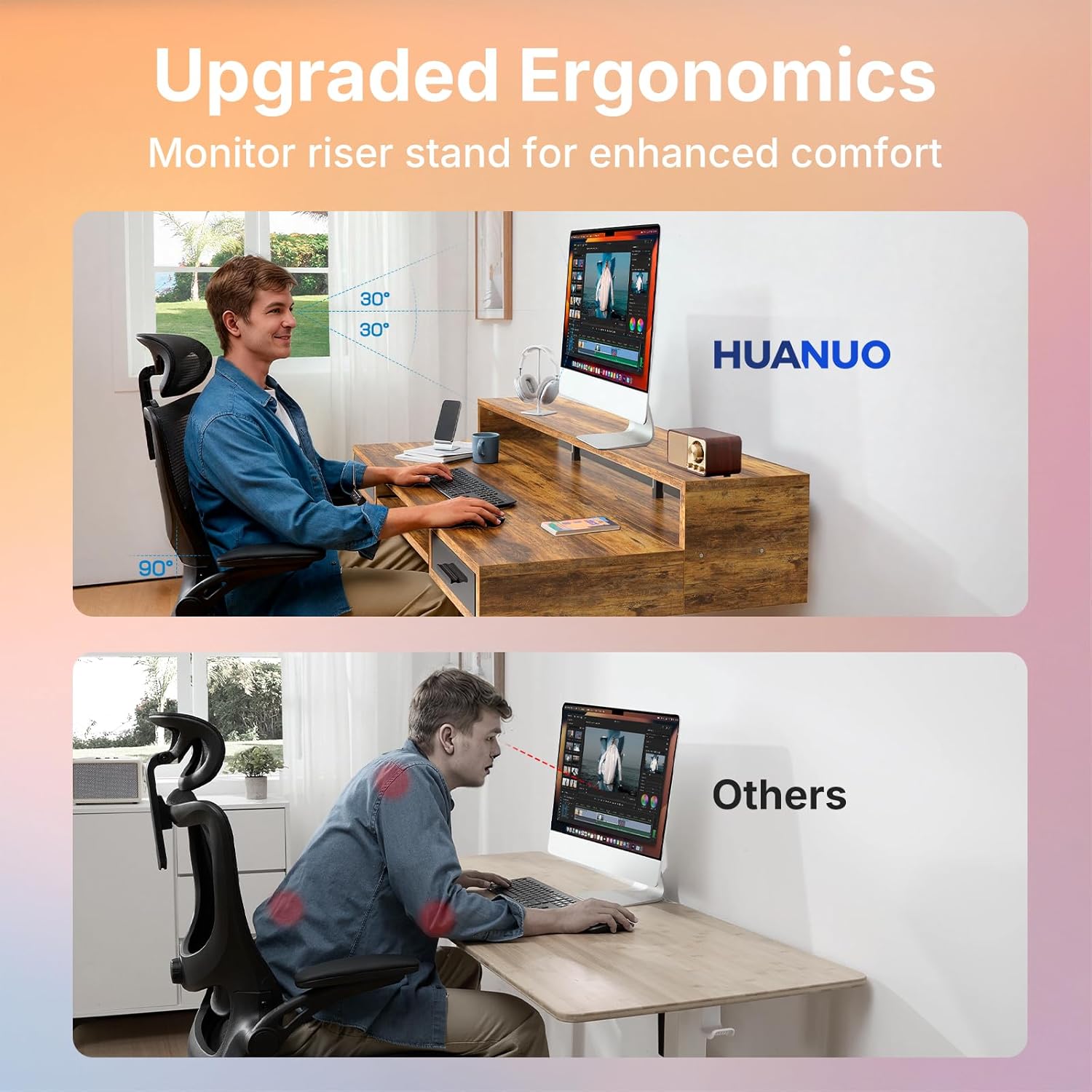HUANUO 140 x 66cm Electric Standing Desk with 2 Drawers & 64cm Large Keyboard Tray, C-Clamp Mount Compatible, Adjustable Computer Desk for Office, Sit Stand Up Desk with 4 Height Presets, Vintage