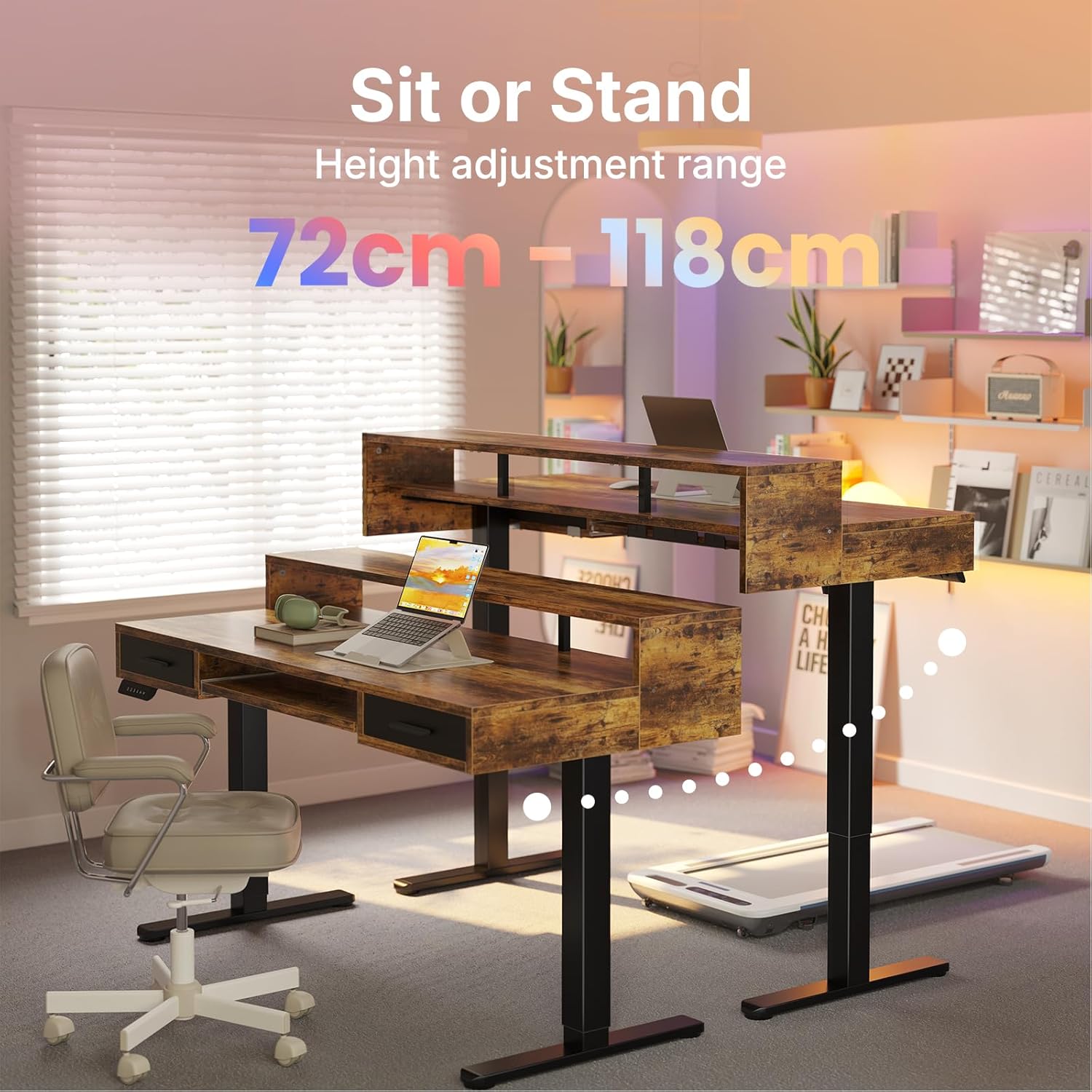HUANUO 140 x 66cm Electric Standing Desk with 2 Drawers & 64cm Large Keyboard Tray, C-Clamp Mount Compatible, Adjustable Computer Desk for Office, Sit Stand Up Desk with 4 Height Presets, Vintage
