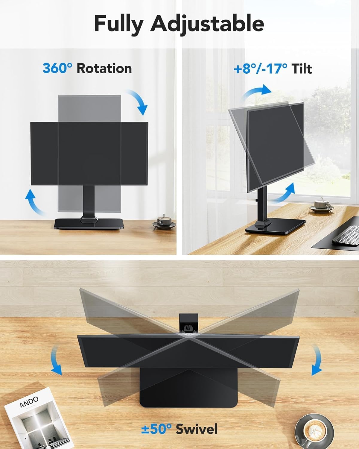 HUANUO Monitor Stand, Freestanding VESA Monitor Mount for 13″–34″ Screens up to 20 kg, 5 Height Options, Swivel Desk Computer Stand Base Riser with 360° Rotation, Tilt, VESA 75x75mm/100x100mm