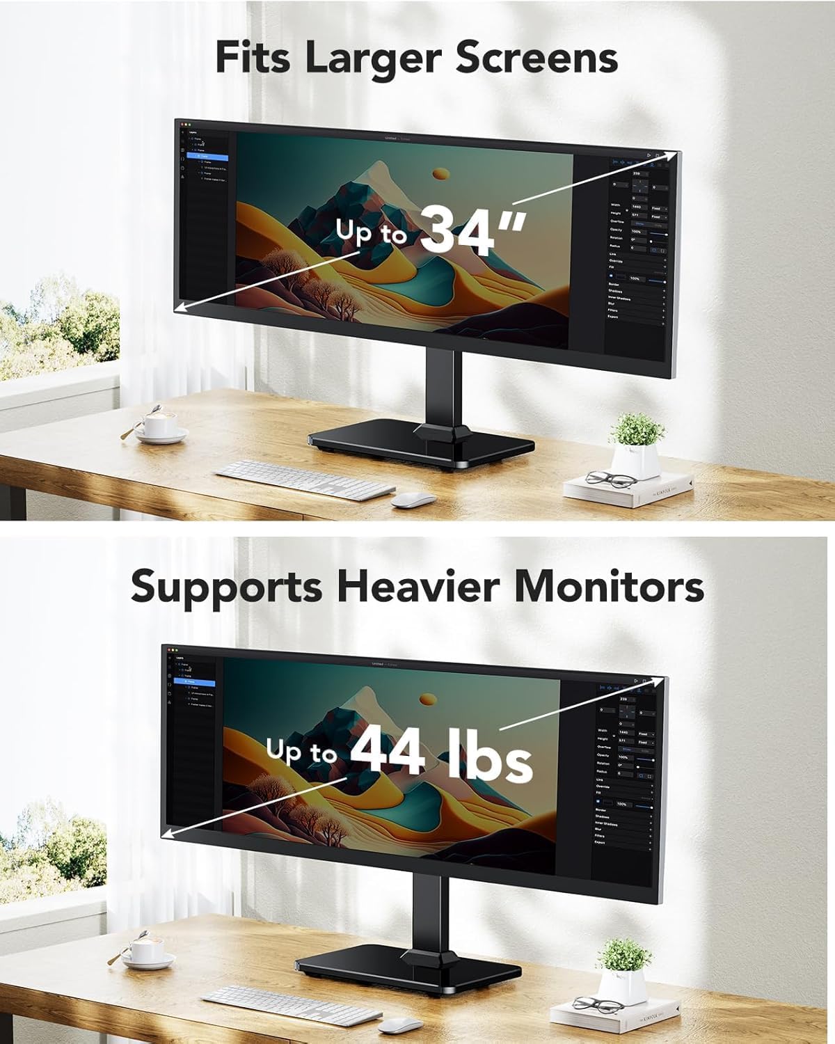 HUANUO Monitor Stand, Freestanding VESA Monitor Mount for 13″–34″ Screens up to 20 kg, 5 Height Options, Swivel Desk Computer Stand Base Riser with 360° Rotation, Tilt, VESA 75x75mm/100x100mm