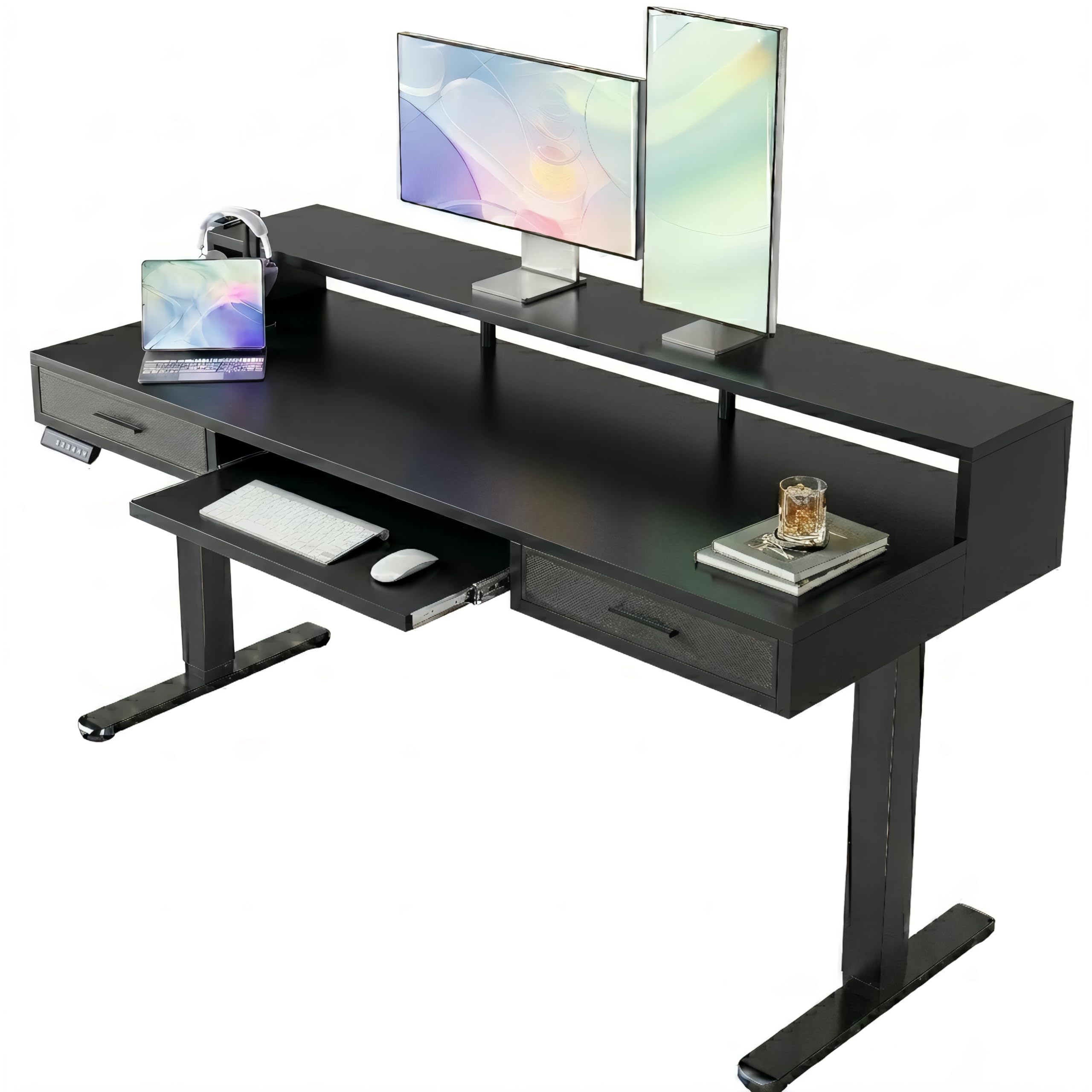 HUANUO 140 x 66cm Electric Standing Desk with 2 Drawers & 64cm Large Keyboard Tray, C-Clamp Mount Compatible, Adjustable Computer Desk for Office, Sit Stand Up Desk with 4 Height Presets, Vintage