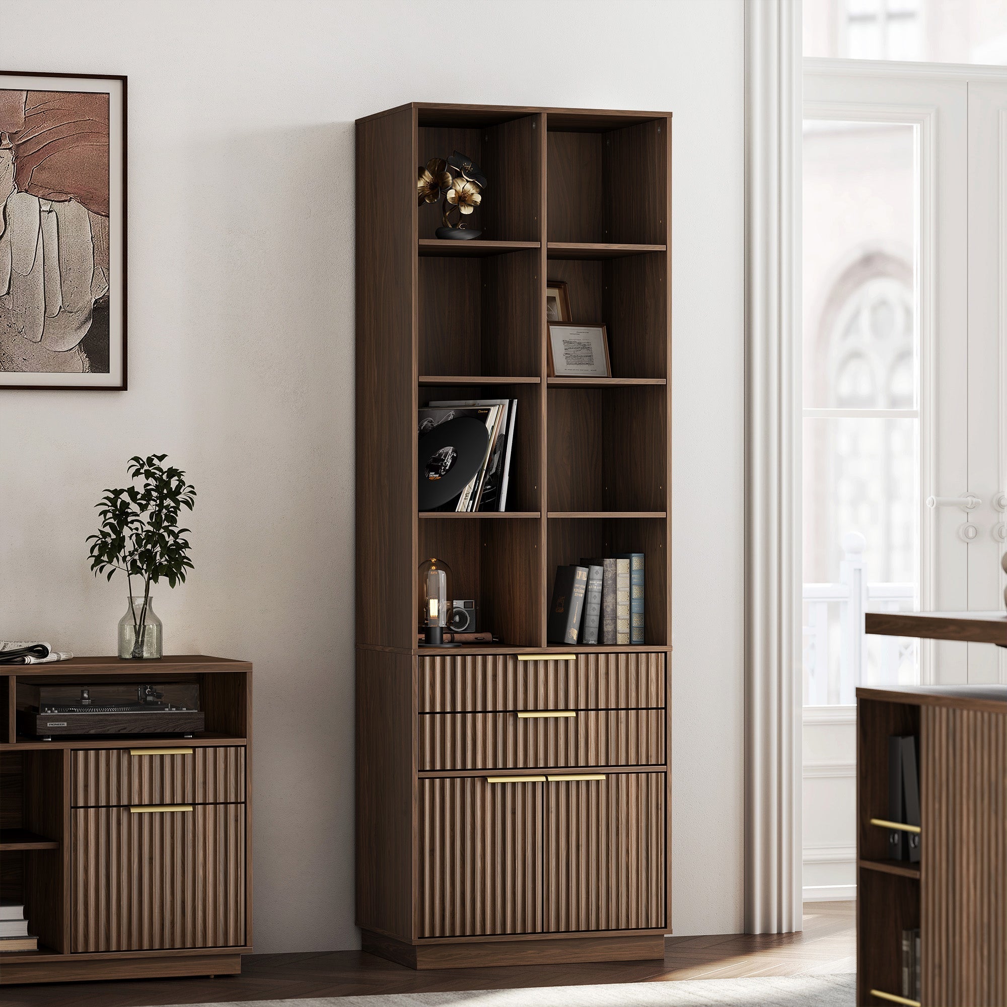 73" Tall Fluted Bookshelf with Drawers & Doors - Fluted - Dark Walnut