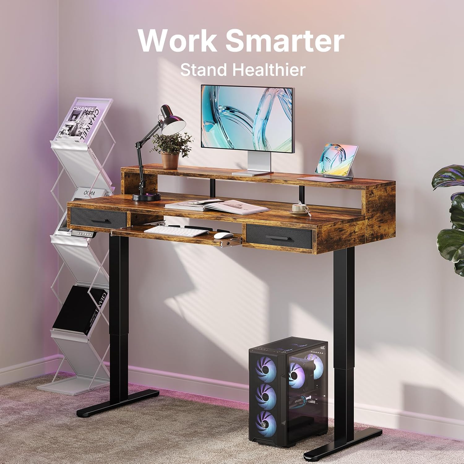 HUANUO 140 x 66cm Electric Standing Desk with 2 Drawers & 64cm Large Keyboard Tray, C-Clamp Mount Compatible, Adjustable Computer Desk for Office, Sit Stand Up Desk with 4 Height Presets, Vintage