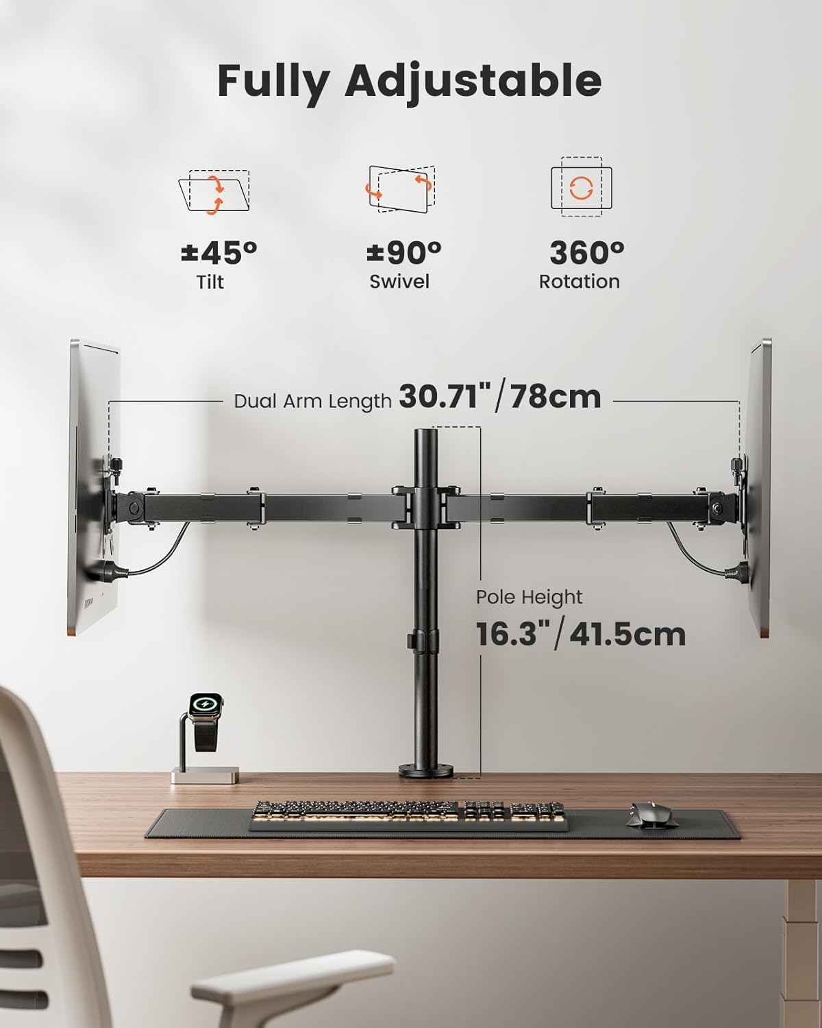 ErGear Dual Monitor Stand for 13 to 32 Inch Screens, Dual Monitor Arm Ergonomic Viewing Angle - Adjustable Tilt 90°/ Swivel 180°/ Rotate 360°/ VESA 75/100mm
