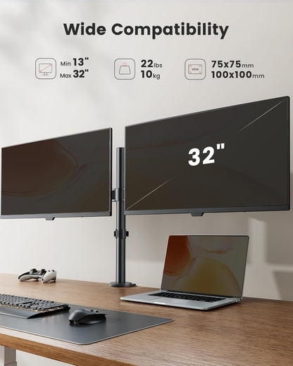 ErGear Dual Monitor Stand for 13 to 32 Inch Screens, Dual Monitor Arm Ergonomic Viewing Angle - Adjustable Tilt 90°/ Swivel 180°/ Rotate 360°/ VESA 75/100mm