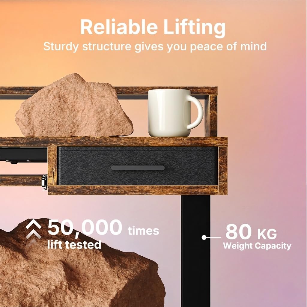 HUANUO 140 x 66cm Electric Standing Desk with 2 Drawers & 64cm Large Keyboard Tray, C-Clamp Mount Compatible, Adjustable Computer Desk for Office, Sit Stand Up Desk with 4 Height Presets, Vintage