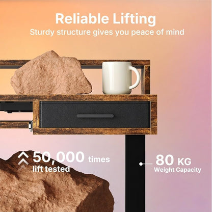 HUANUO 140 x 66cm Electric Standing Desk with 2 Drawers & 64cm Large Keyboard Tray, C-Clamp Mount Compatible, Adjustable Computer Desk for Office, Sit Stand Up Desk with 4 Height Presets, Vintage
