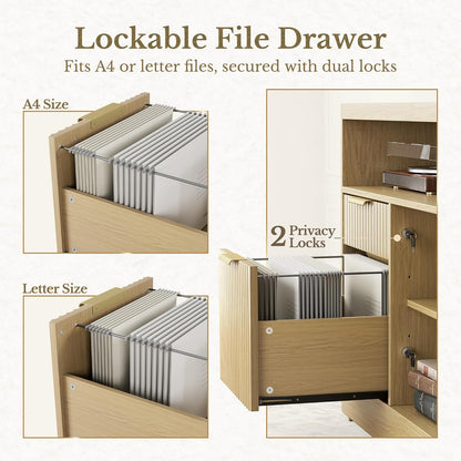 63" 2 Drawer File Cabinet with Lock & Wood Lateral File Cabinet - Fluted - Dark Walnut