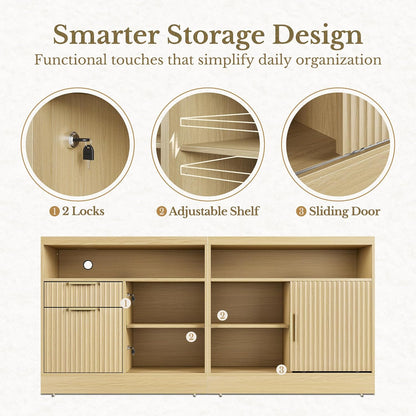 63" 2 Drawer File Cabinet with Lock & Wood Lateral File Cabinet - Fluted - Dark Walnut