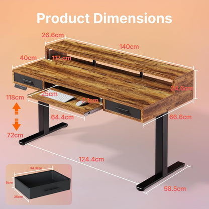 HUANUO 140 x 66cm Electric Standing Desk with 2 Drawers & 64cm Large Keyboard Tray, C-Clamp Mount Compatible, Adjustable Computer Desk for Office, Sit Stand Up Desk with 4 Height Presets, Vintage