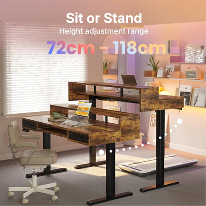 HUANUO 140 x 66cm Electric Standing Desk with 2 Drawers & 64cm Large Keyboard Tray, C-Clamp Mount Compatible, Adjustable Computer Desk for Office, Sit Stand Up Desk with 4 Height Presets, Vintage