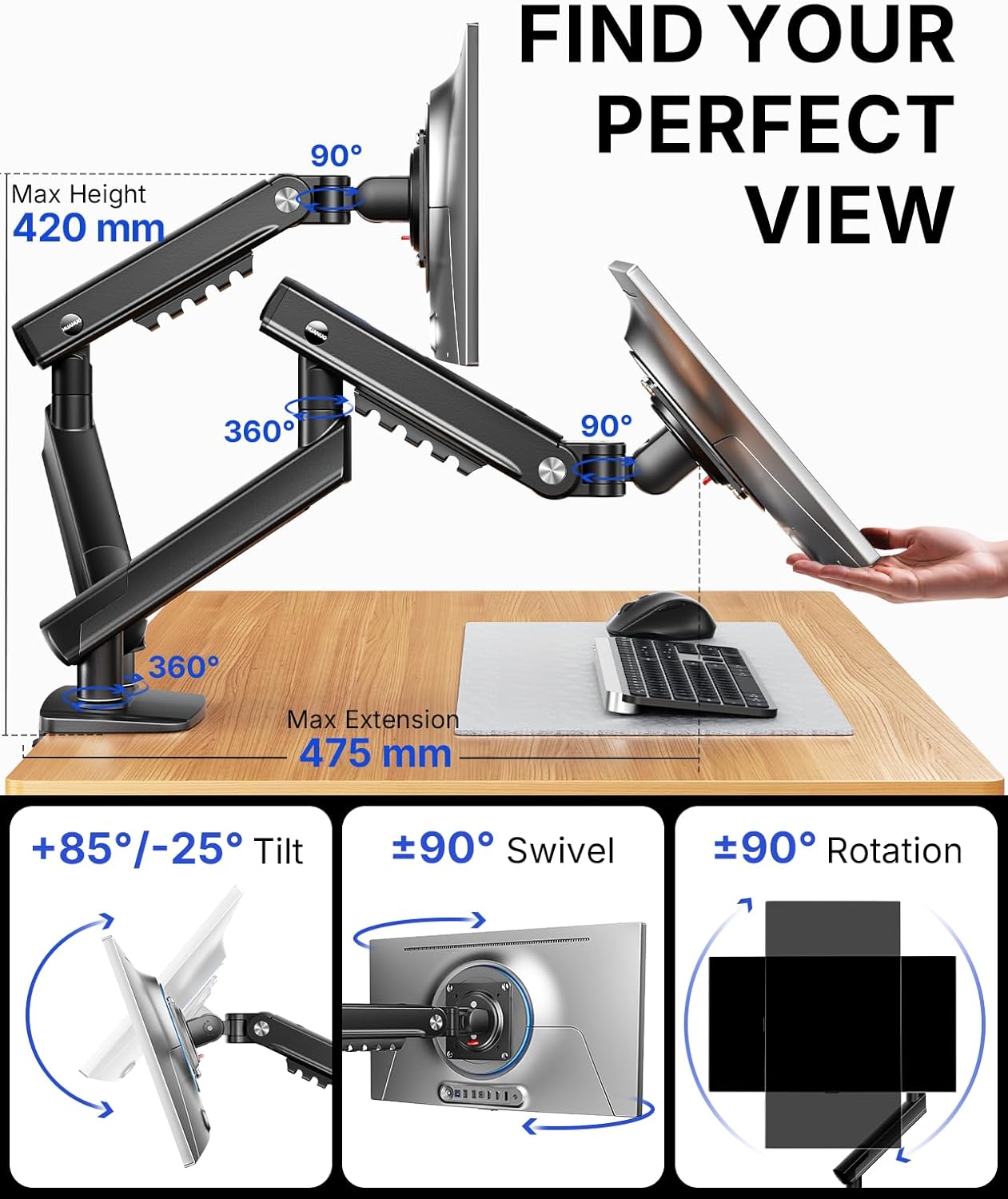 HUANUO FlowLift™ Pro Dual Monitor Arm for 13–32" Screens, MechaSpring™ Monitor Mount, Adjustable Monitor Stand with Tilt/Swivel/Rotation, Tool-Free VESA Mount, C-Clamp/Grommet Base, Max Load 9kg