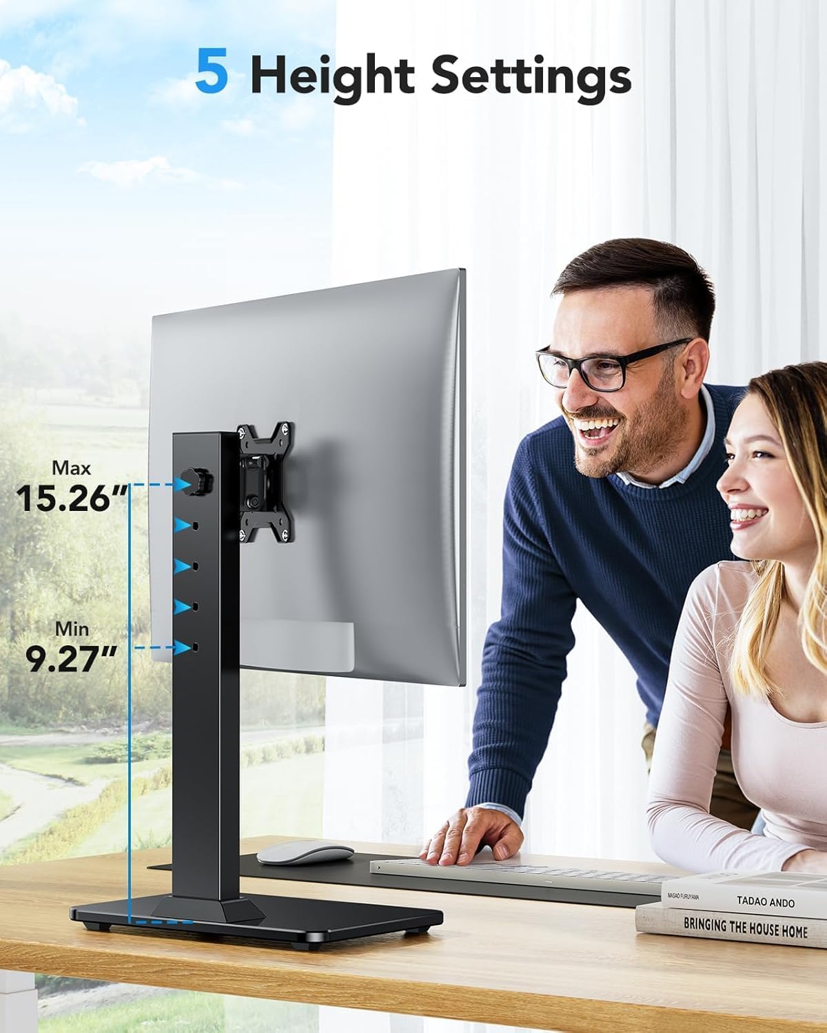HUANUO Monitor Stand, Freestanding VESA Monitor Mount for 13″–34″ Screens up to 20 kg, 5 Height Options, Swivel Desk Computer Stand Base Riser with 360° Rotation, Tilt, VESA 75x75mm/100x100mm
