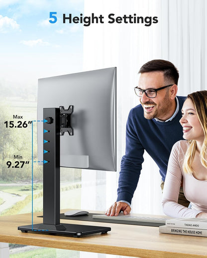 HUANUO Monitor Stand, Freestanding VESA Monitor Mount for 13″–34″ Screens up to 20 kg, 5 Height Options, Swivel Desk Computer Stand Base Riser with 360° Rotation, Tilt, VESA 75x75mm/100x100mm