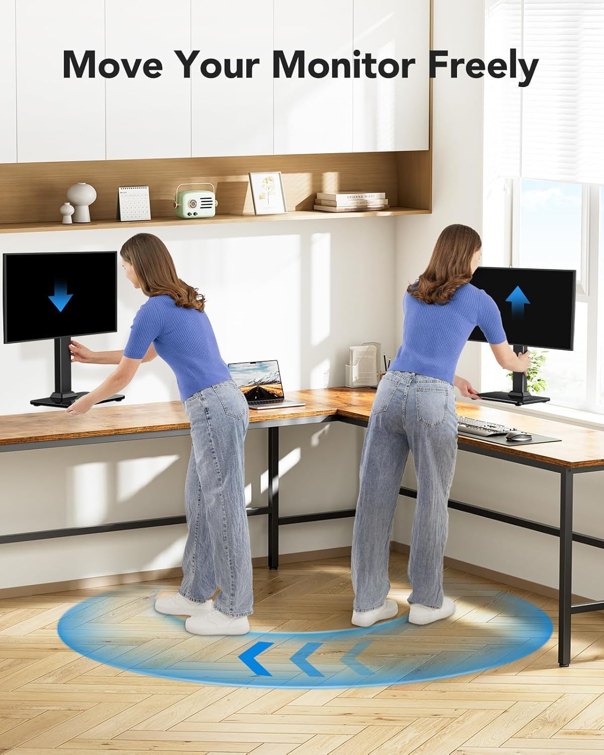 HUANUO Monitor Stand, Freestanding VESA Monitor Mount for 13″–34″ Screens up to 20 kg, 5 Height Options, Swivel Desk Computer Stand Base Riser with 360° Rotation, Tilt, VESA 75x75mm/100x100mm