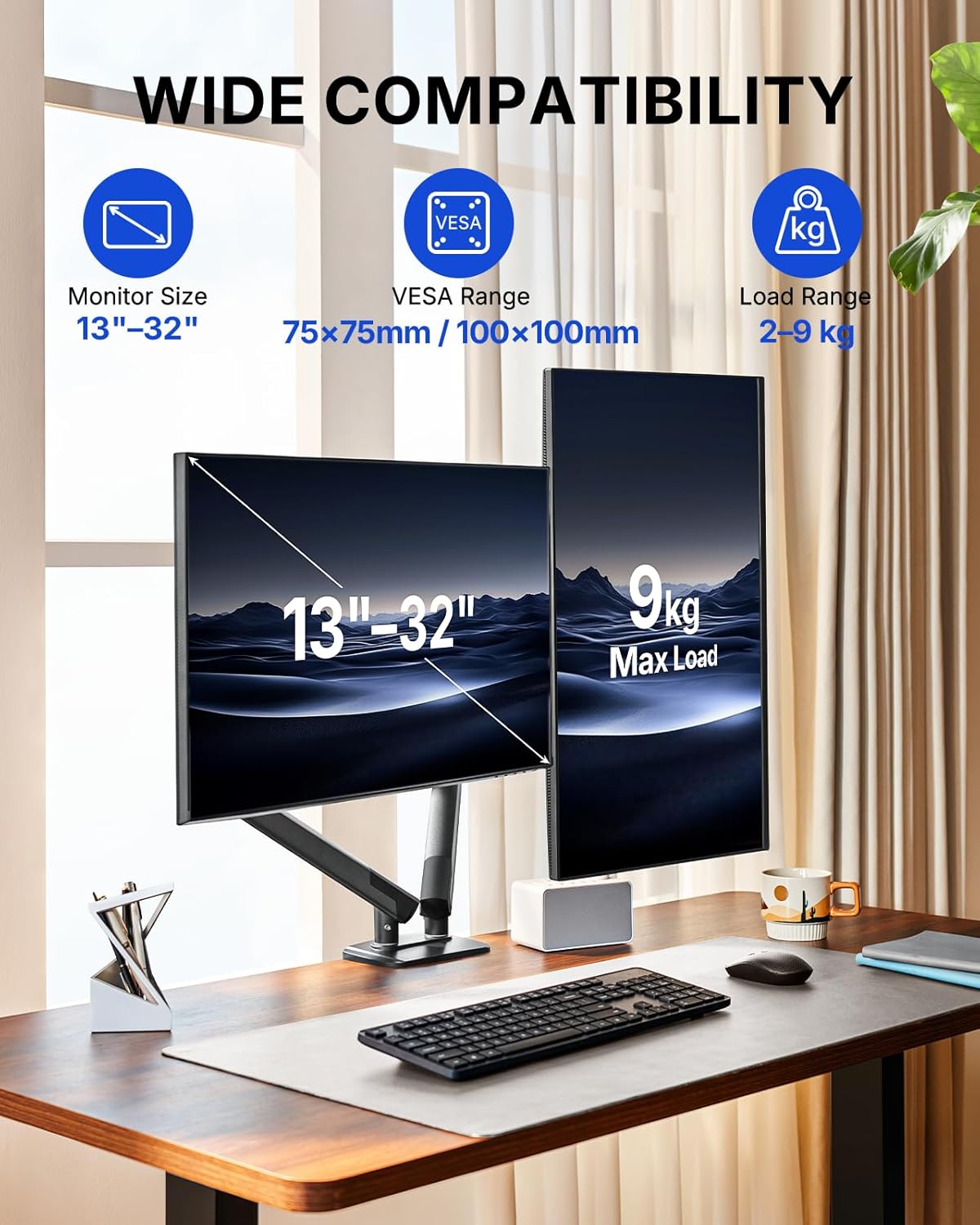 HUANUO FlowLift™ Pro Dual Monitor Arm for 13–32" Screens, MechaSpring™ Monitor Mount, Adjustable Monitor Stand with Tilt/Swivel/Rotation, Tool-Free VESA Mount, C-Clamp/Grommet Base, Max Load 9kg