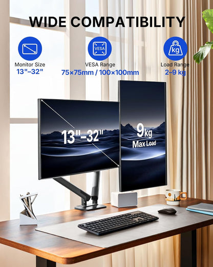 HUANUO FlowLift™ Pro Dual Monitor Arm for 13–32" Screens, MechaSpring™ Monitor Mount, Adjustable Monitor Stand with Tilt/Swivel/Rotation, Tool-Free VESA Mount, C-Clamp/Grommet Base, Max Load 9kg