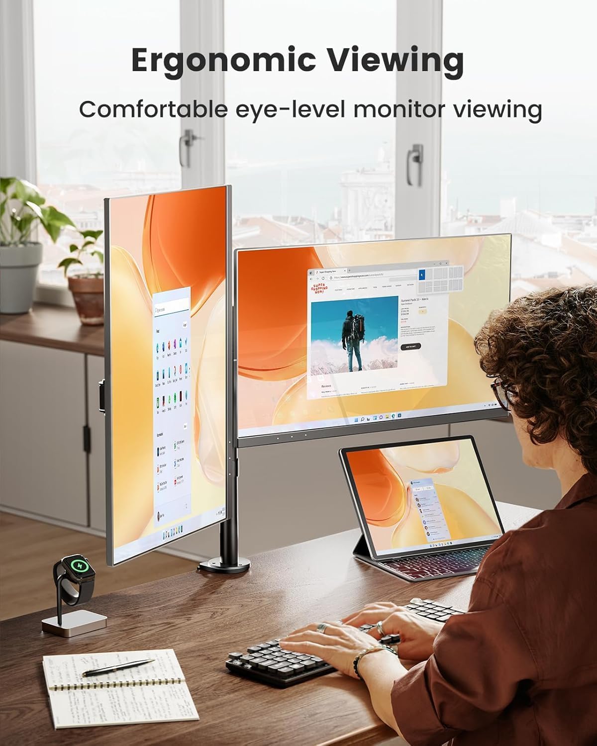 ErGear Dual Monitor Stand for 13 to 32 Inch Screens, Dual Monitor Arm Ergonomic Viewing Angle - Adjustable Tilt 90°/ Swivel 180°/ Rotate 360°/ VESA 75/100mm