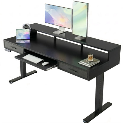 HUANUO 140 x 66cm Electric Standing Desk with 2 Drawers & 64cm Large Keyboard Tray, C-Clamp Mount Compatible, Adjustable Computer Desk for Office, Sit Stand Up Desk with 4 Height Presets, Vintage