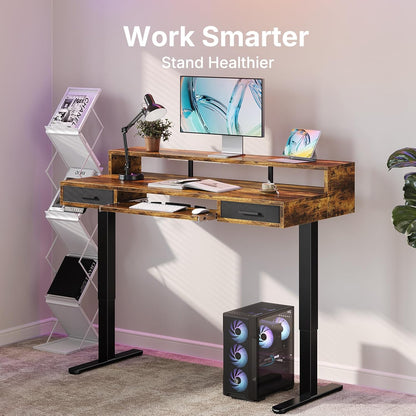 HUANUO 140 x 66cm Electric Standing Desk with 2 Drawers & 64cm Large Keyboard Tray, C-Clamp Mount Compatible, Adjustable Computer Desk for Office, Sit Stand Up Desk with 4 Height Presets, Vintage