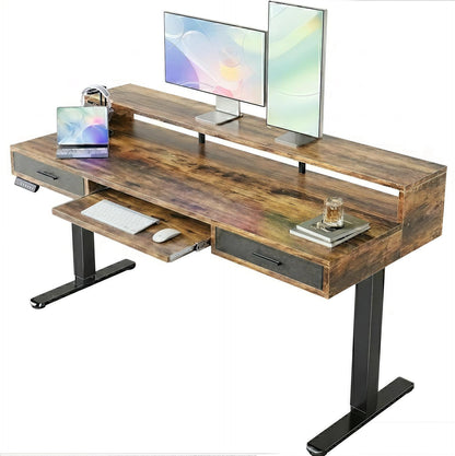 HUANUO 140 x 66cm Electric Standing Desk with 2 Drawers & 64cm Large Keyboard Tray, C-Clamp Mount Compatible, Adjustable Computer Desk for Office, Sit Stand Up Desk with 4 Height Presets, Vintage