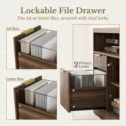 Fluted Wood Office Cabinet with Charging - Fluted - Dark Walnut